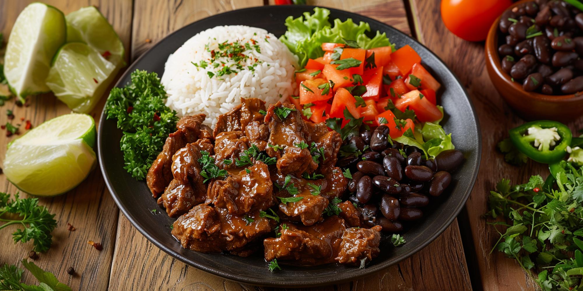 Prato com arroz, feijão, carne e salada